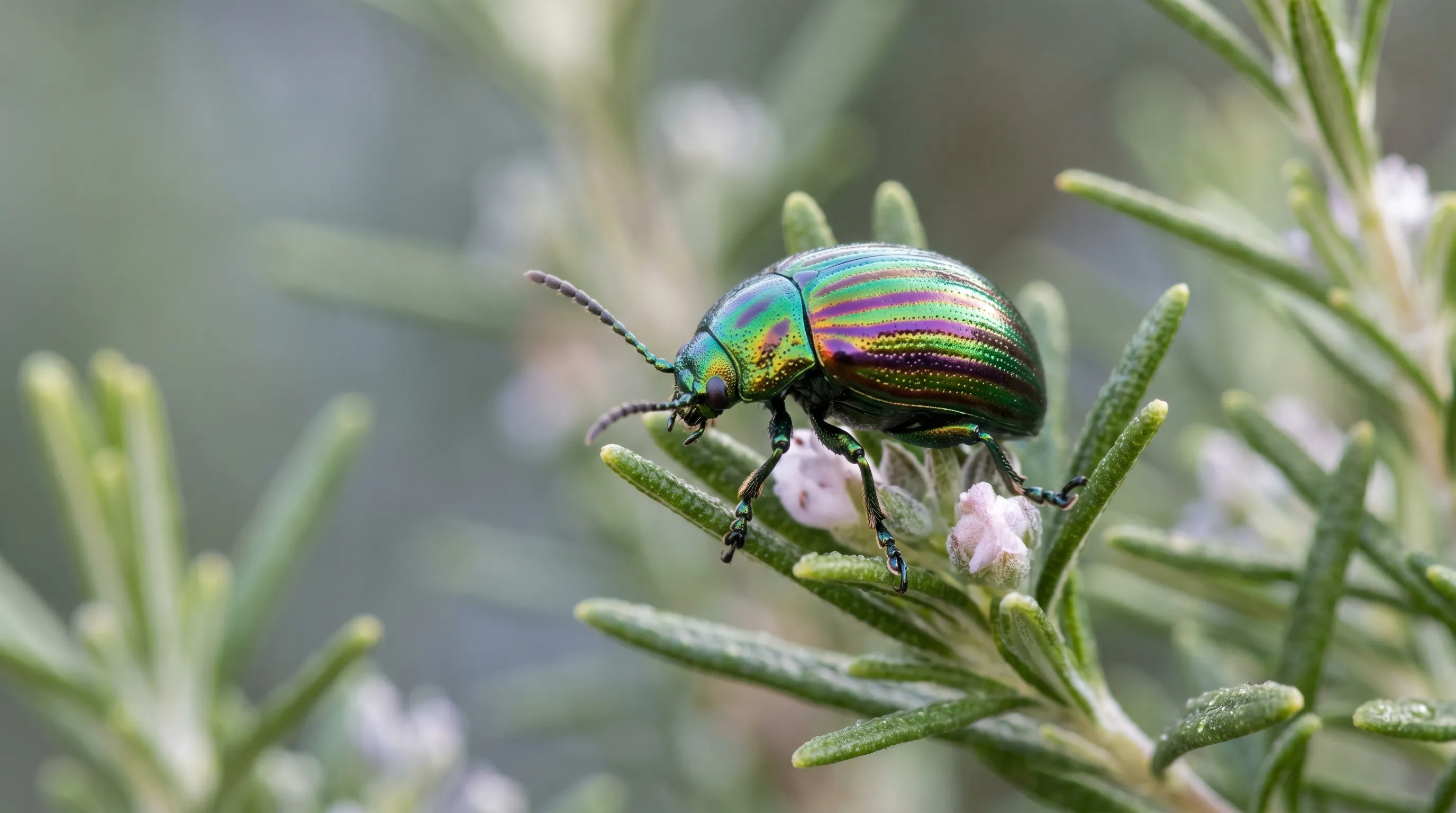 Metallic green and purple striped rosemary leaf beetle on rosemary foliage in close-up showing the distinctive jewel-like body in a UK herb garden