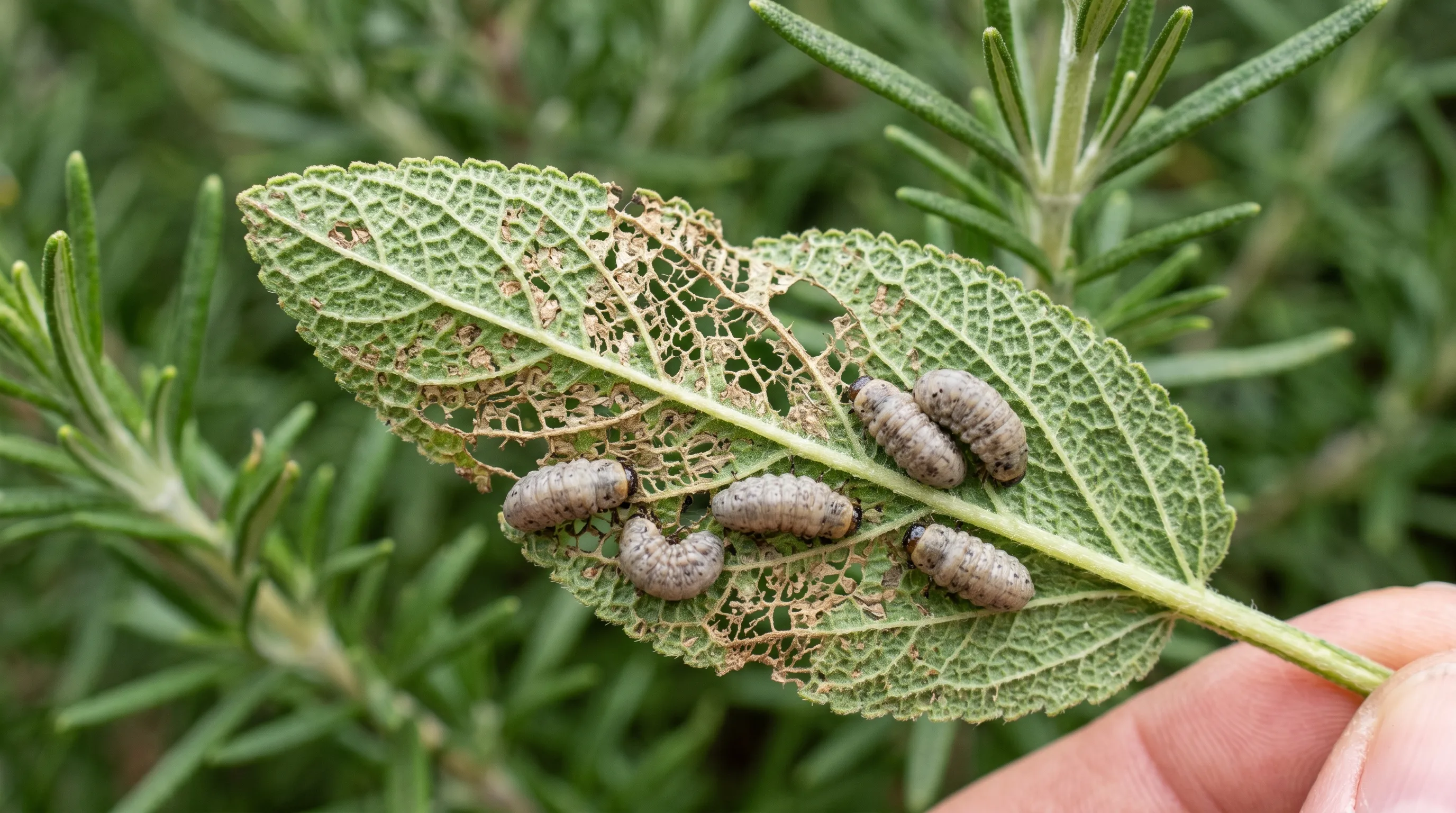 Close-up macro photograph of pale grey-brown rosemary leaf beetle larvae feeding on the underside of a sage leaf with the leaf turned over showing the visible feeding scars and skeletonised veins