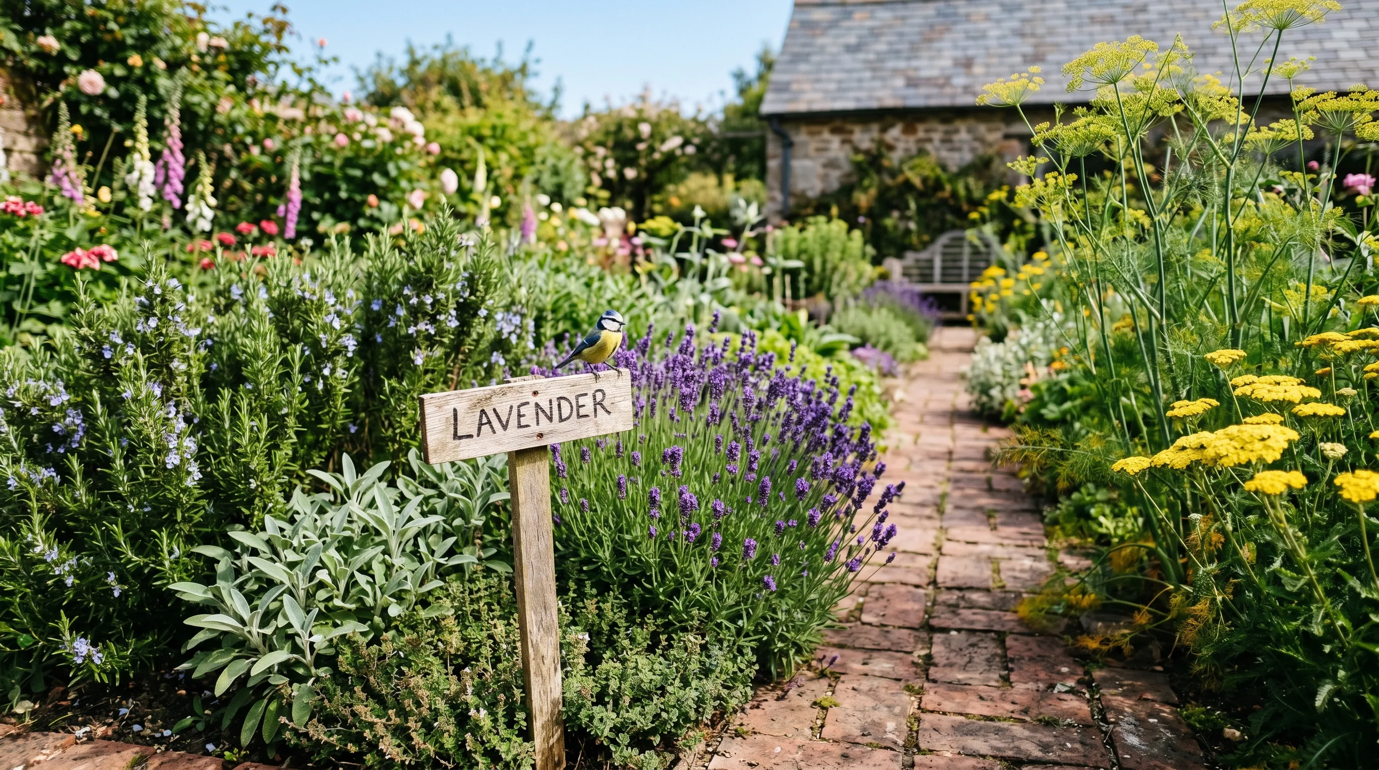 A UK herb garden showing rosemary lavender sage and thyme plants with yarrow and fennel in companion bed strips bordered by a brick path