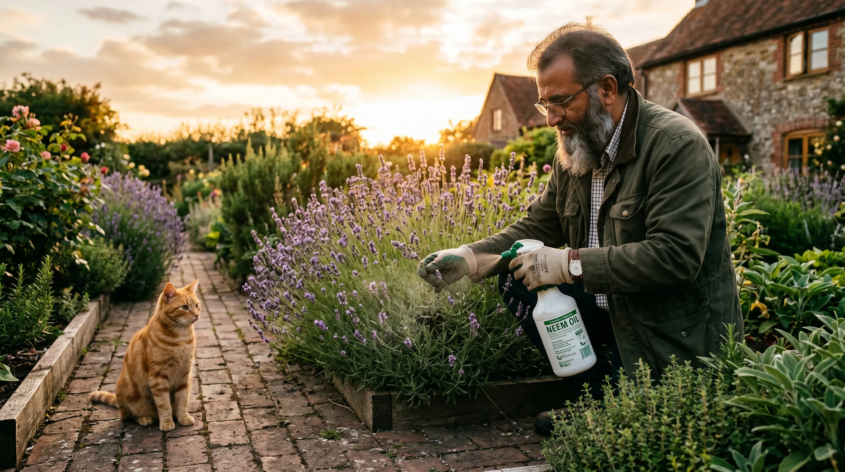 A UK gardener of Pakistani heritage spraying neem oil from a one-litre spray bottle on the underside of a lavender plant in a herb garden in late evening with the sun setting behind, a small ginger cat sitting watching from a path
