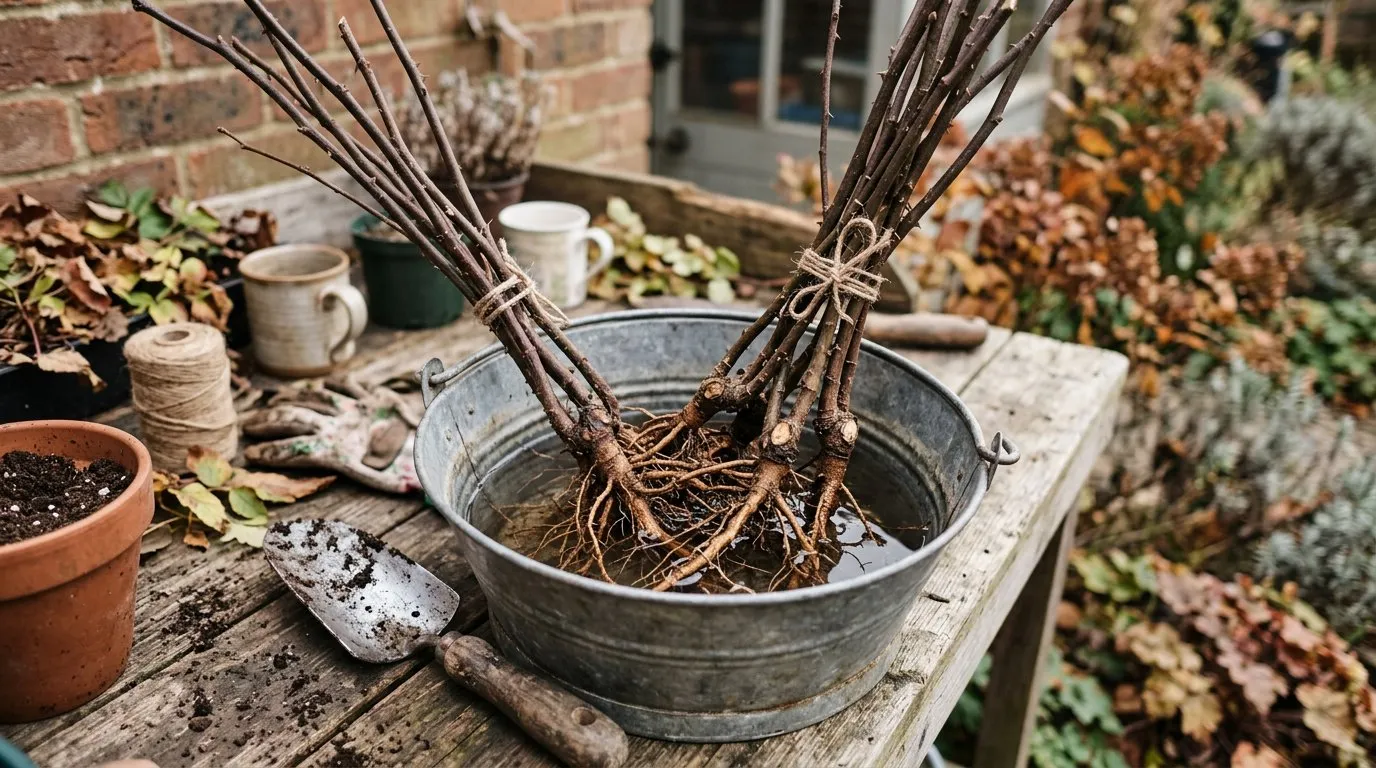 Bare-root rose plants with exposed root systems ready for November planting