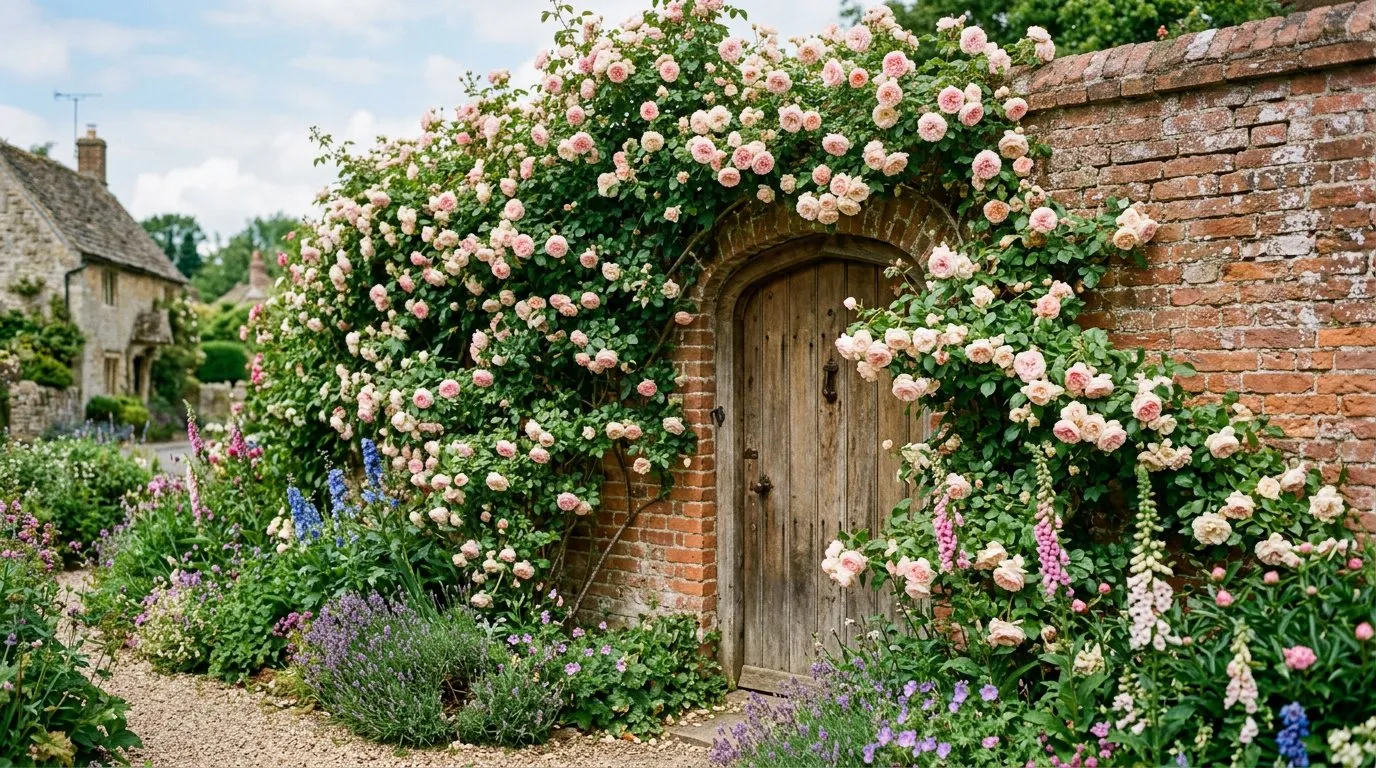 A pink David Austin rose in full bloom growing in a sunny cottage garden border