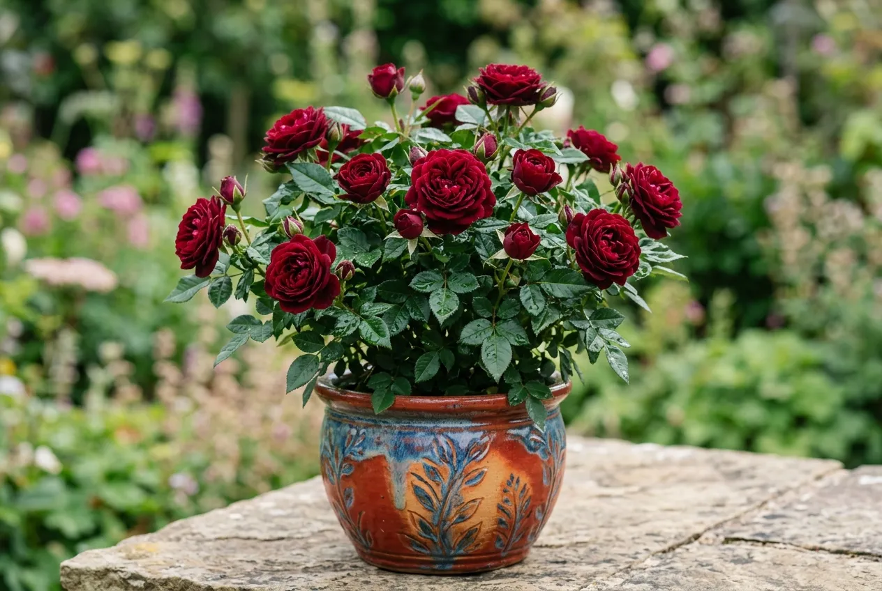Close-up of a miniature patio rose in a decorative pot with deep red flowers showing compact bushy habit ideal for container growing