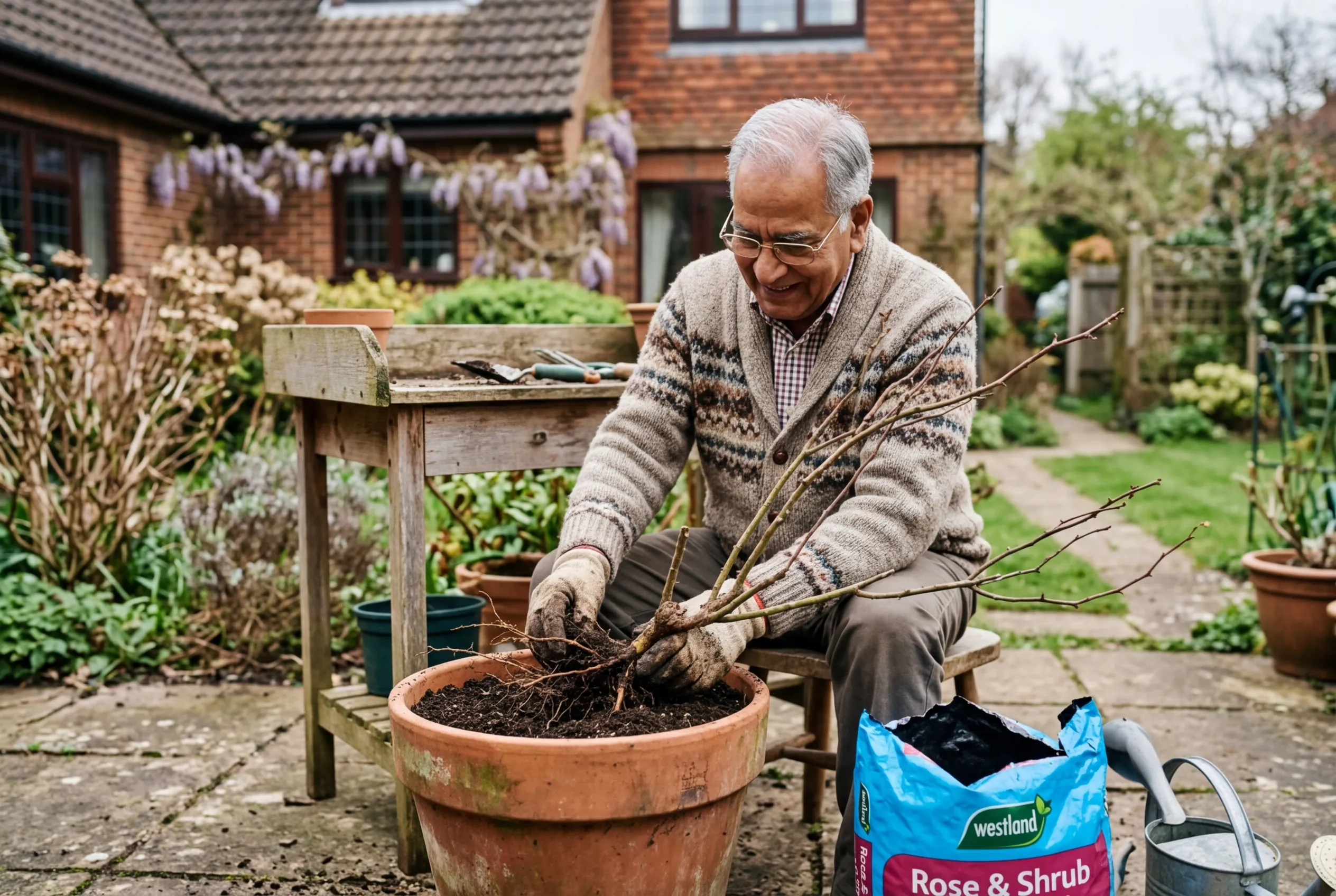 An elderly man potting up a bare-root rose into a large terracotta container on a suburban patio showing correct planting depth
