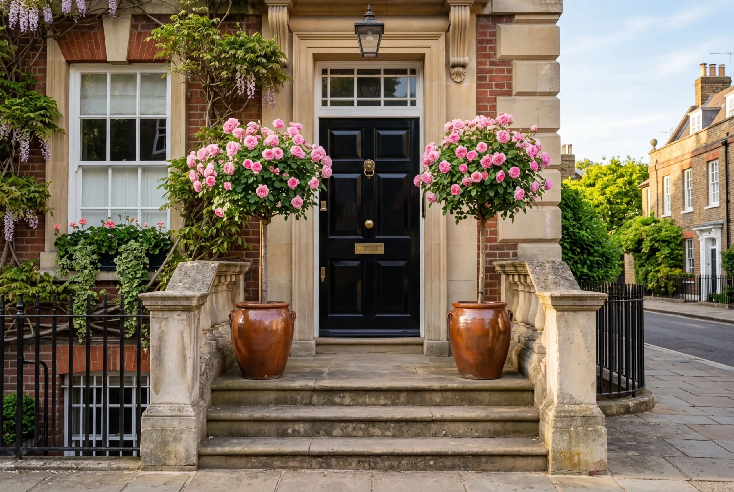 Standard lollipop roses in containers flanking a Georgian townhouse front door with pink roses in full bloom