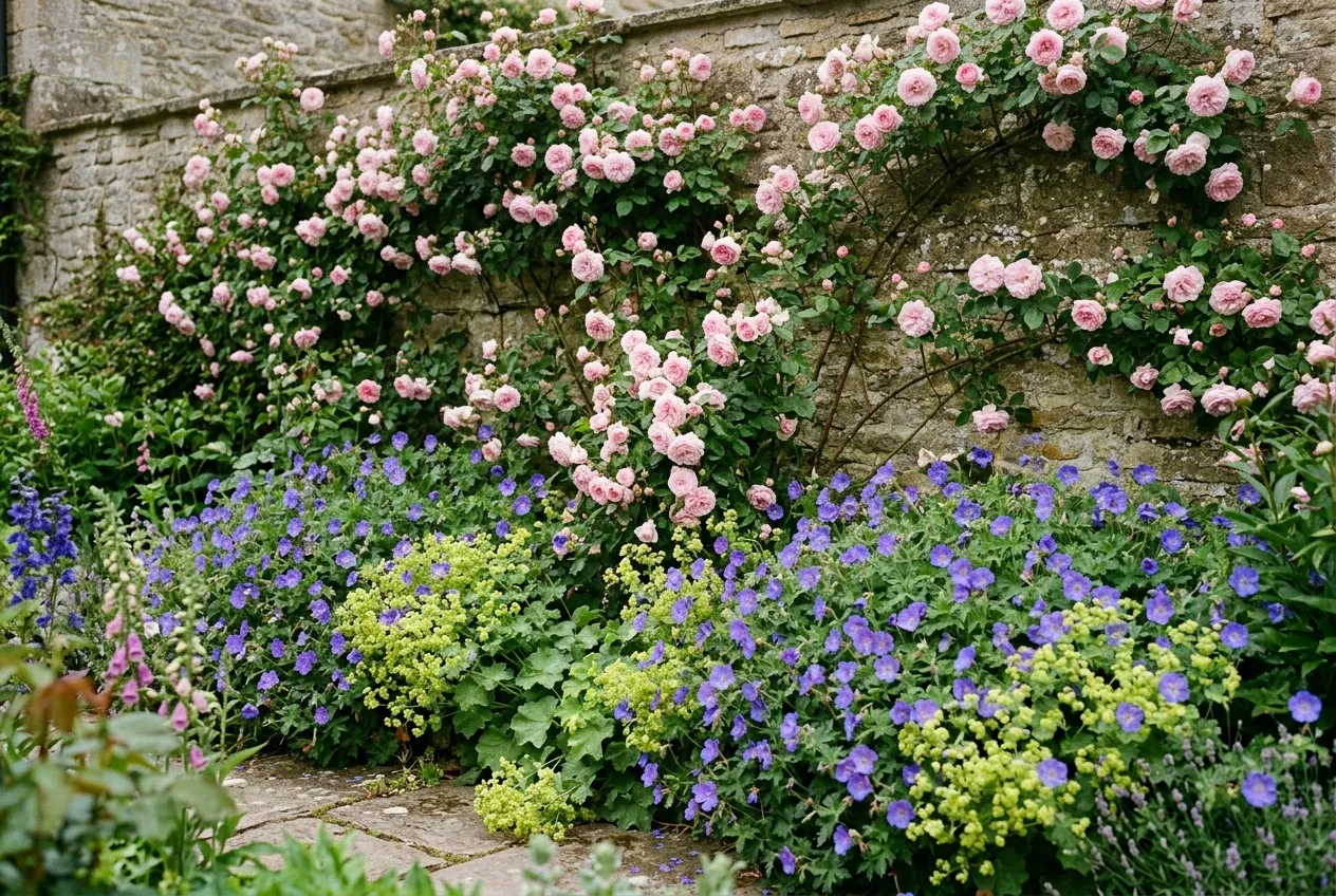 Companion plants for roses with climbing roses above geraniums and alchemilla mollis