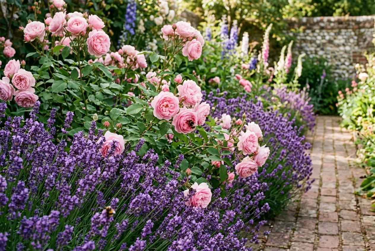 Companion plants for roses with lavender underplanting in a UK garden border