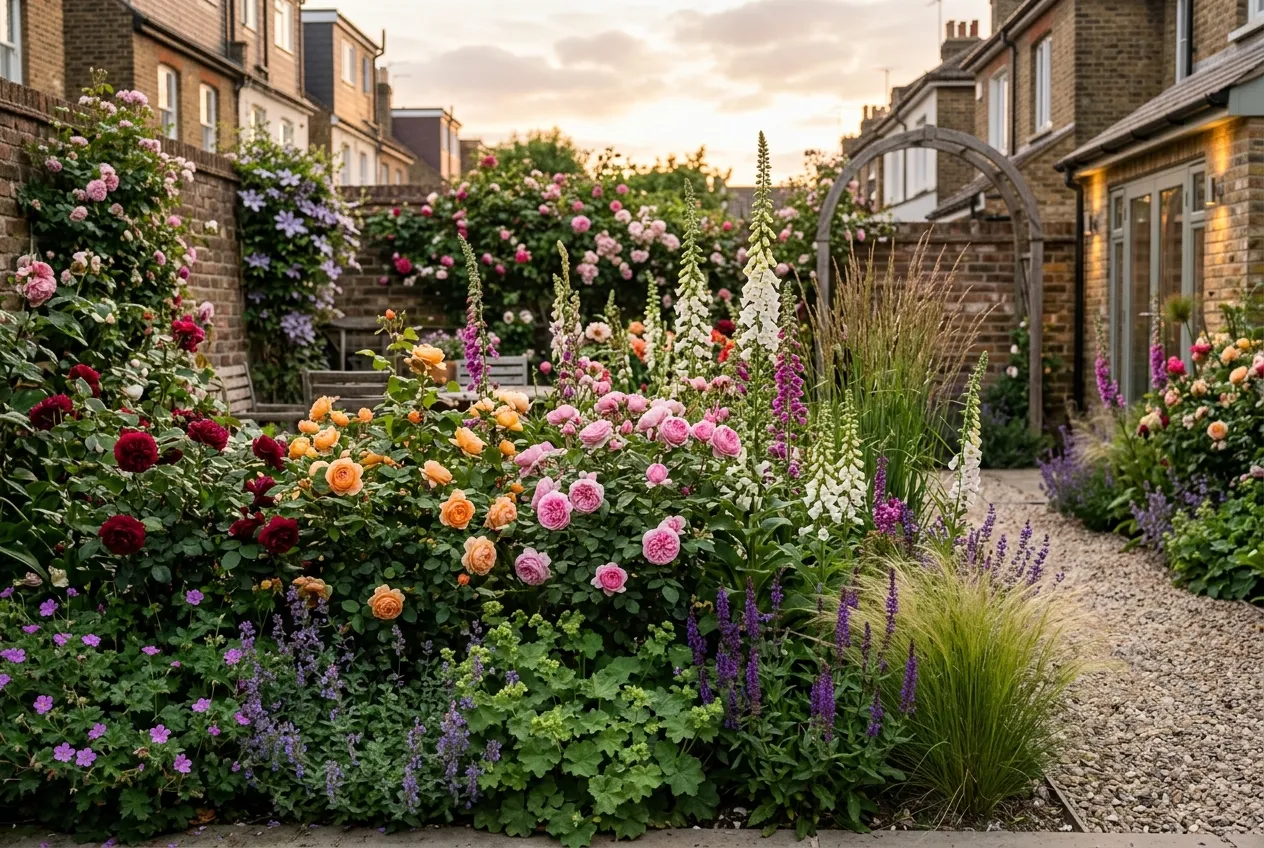 Companion plants for roses in a mixed border with foxgloves salvias and ornamental grasses