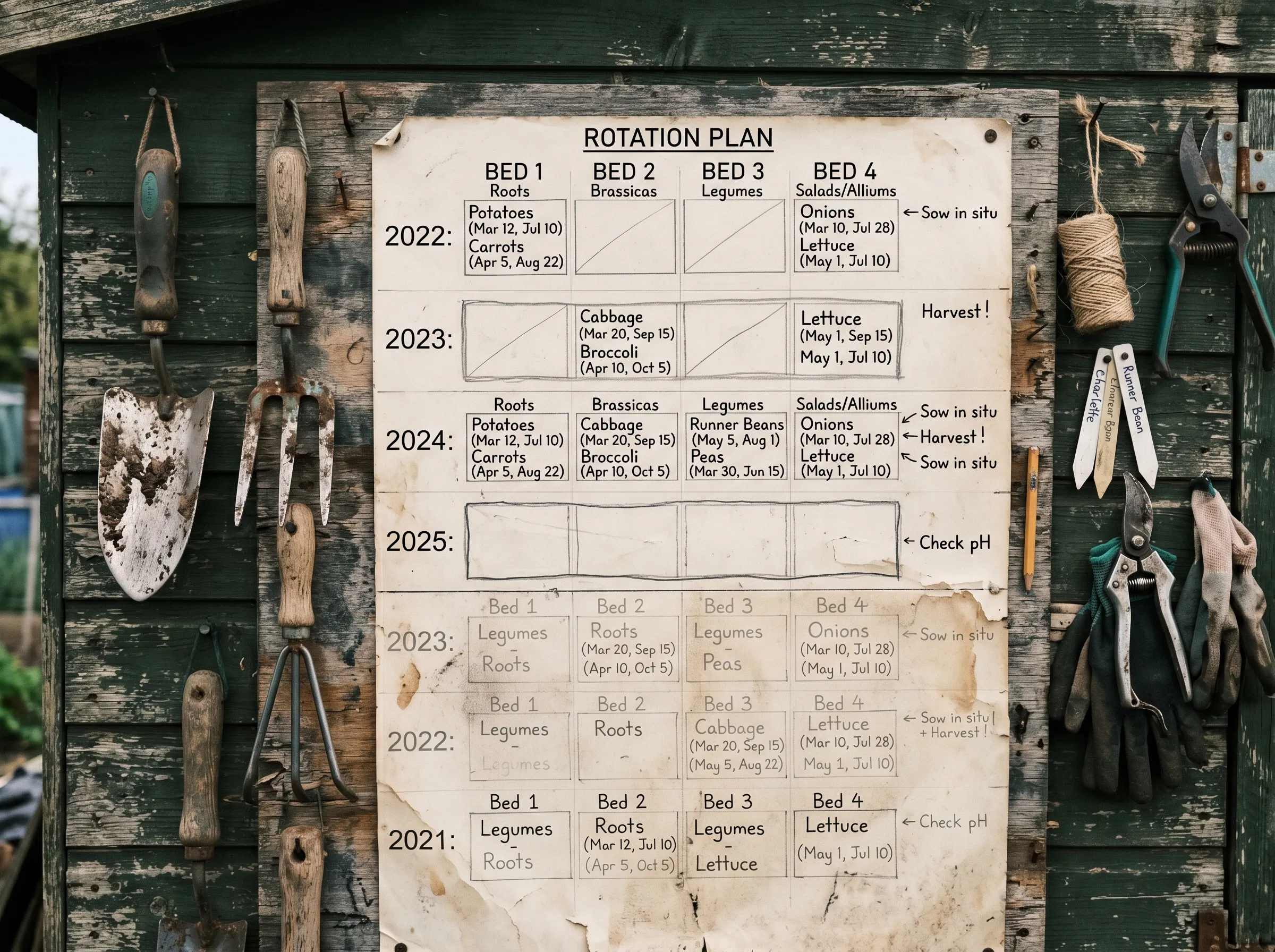 UK allotment shed wall with a hand-drawn 4-bed rotation plan showing year by year what's planted in each bed, dates pencilled in for sowing and harvest, faded older diagrams below newer ones showing the rotation across multiple years