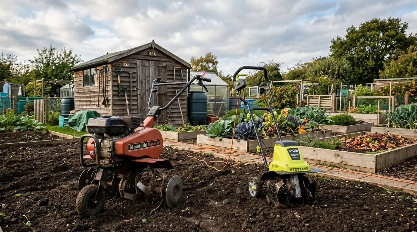 Petrol rotavator and electric tiller side by side on a UK allotment plot with shed and raised beds in background