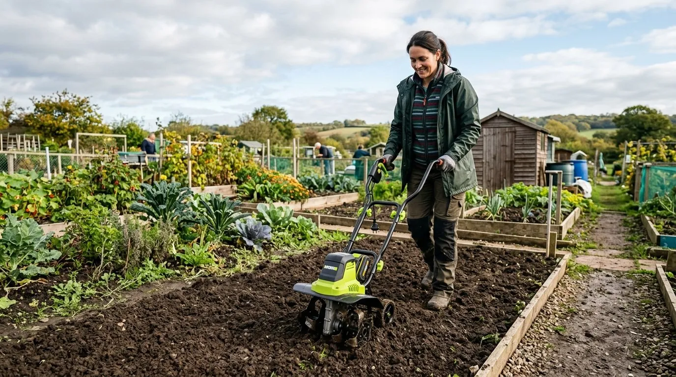 Small electric tiller cordless battery being used in a small UK allotment bed with neatly tilled soil visible