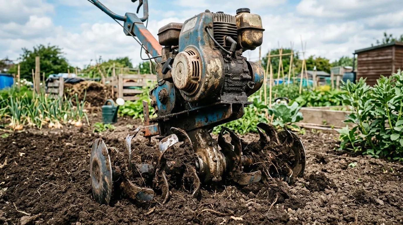 Close-up of a petrol rotavator engine head and tine assembly on a UK allotment plot with soil clinging to the tines