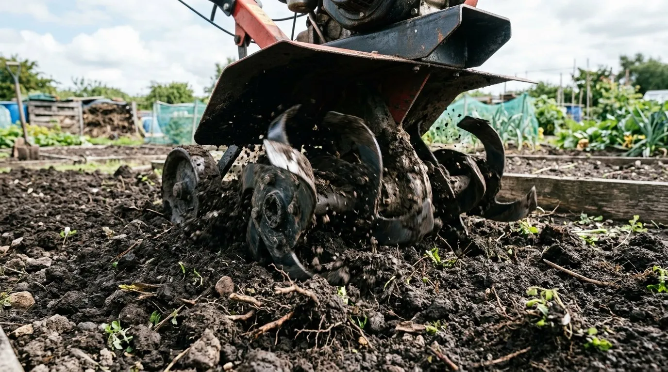 Close-up of rotavator tines digging into UK allotment soil with fresh dark earth and turned roots visible at low angle action