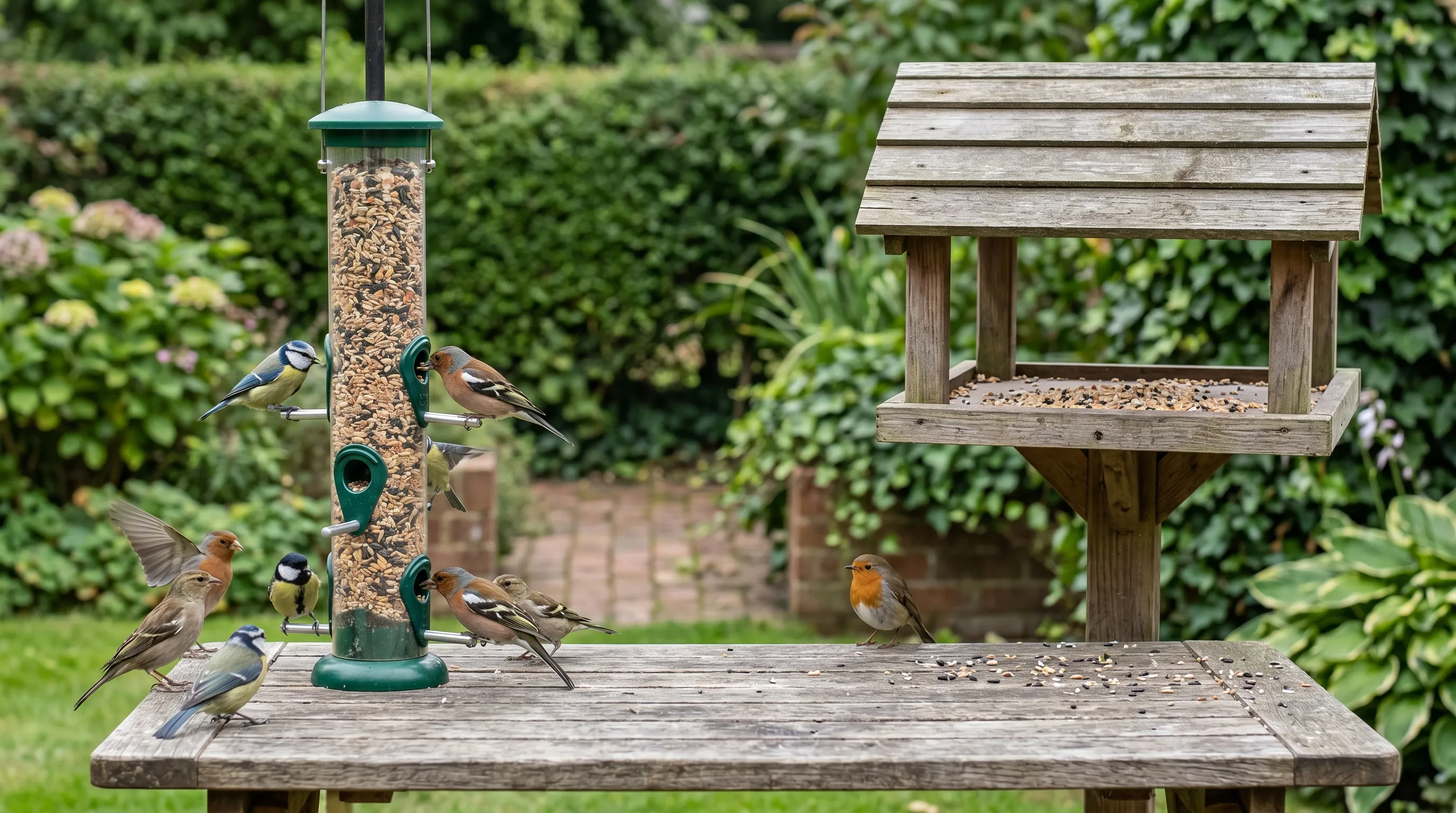 A clean tube feeder beside a flat wooden bird table, the table marked with a red cross and the tube feeder with a green tick, in a UK garden