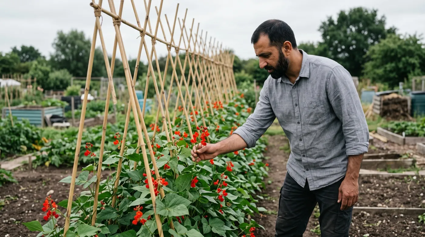 Runner beans in full red flower on a cane frame with no pods setting while a grower checks a truss