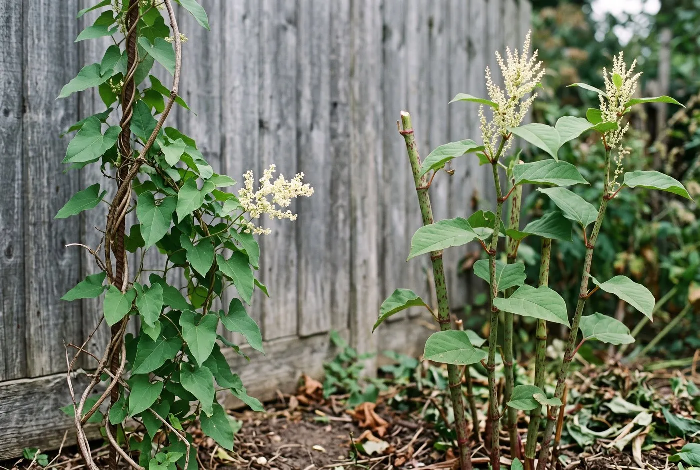 Side-by-side comparison of Russian vine heart-shaped leaves and twining stems against Japanese knotweed bamboo canes and shovel-shaped leaves