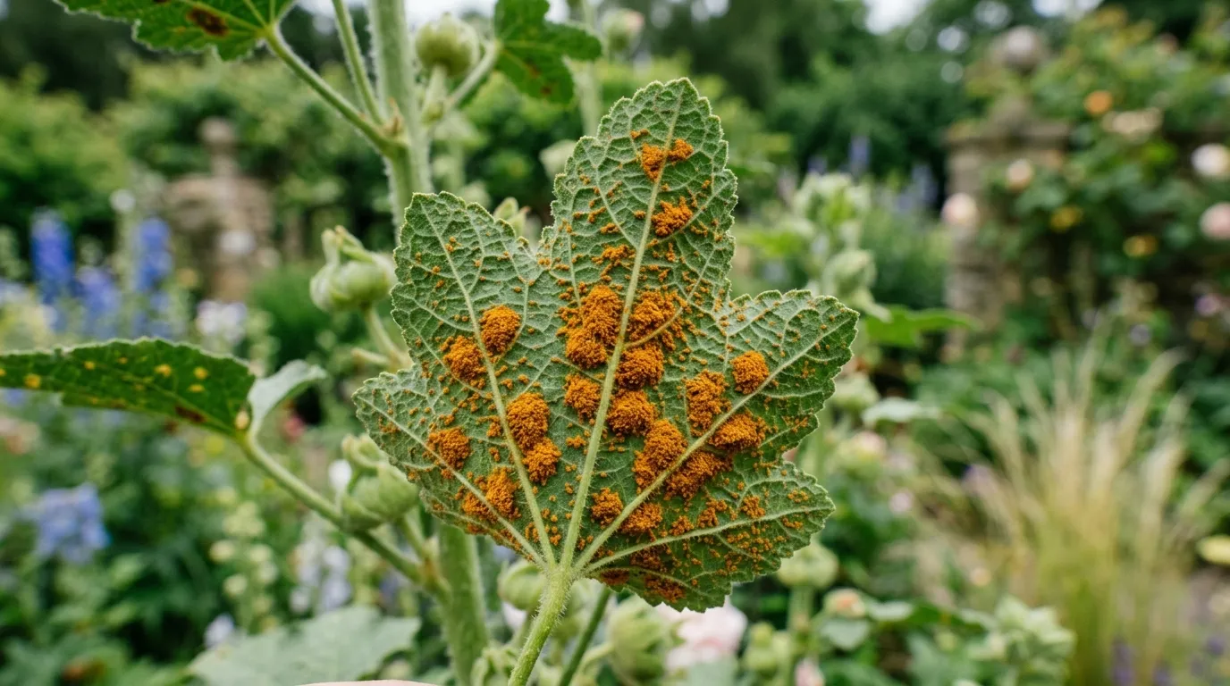 Rust disease orange pustules on the underside of a hollyhock leaf in a UK cottage garden