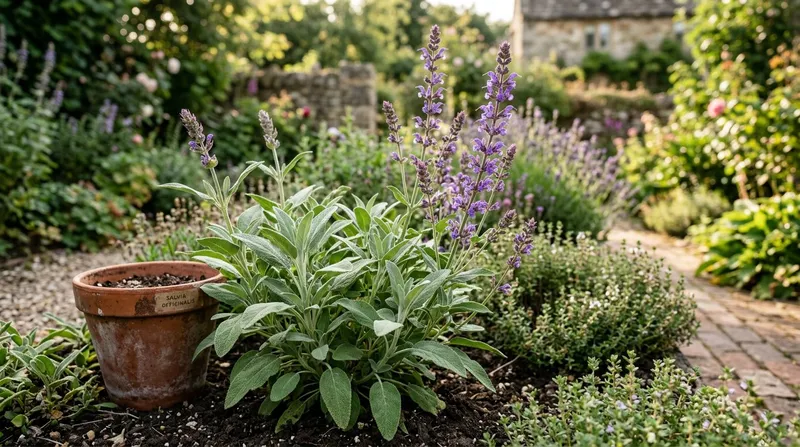 Sage (Salvia officinalis) growing in a UK garden