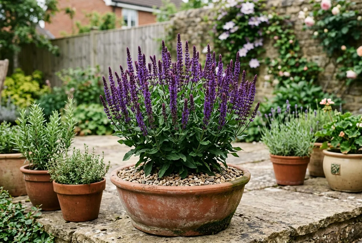 Salvia nemorosa growing in terracotta container on UK patio with gravel mulch