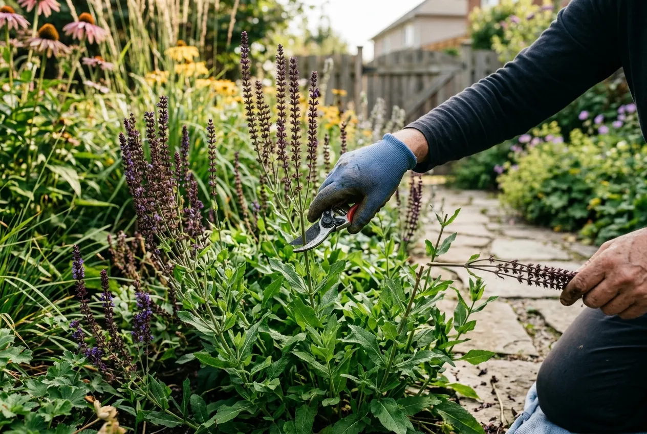 Salvia being deadheaded with secateurs showing new basal growth in border