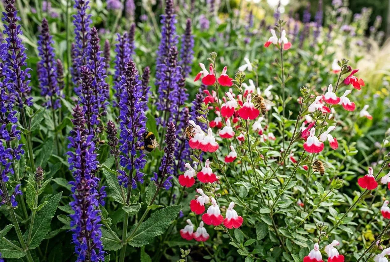 Salvia varieties growing side by side in UK border showing nemorosa and Hot Lips