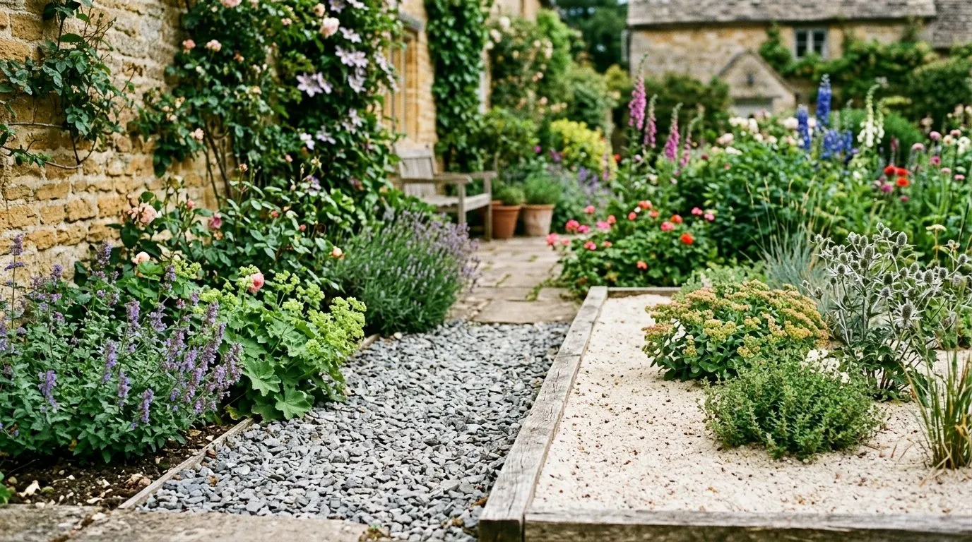 Side-by-side comparison of a gravel-mulched border and a deep sand bed in a UK Cotswold cottage garden showing the different surface textures