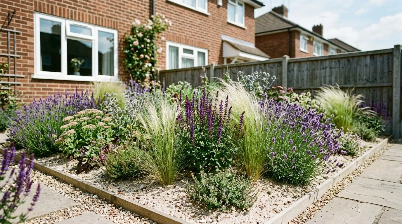 Drought-resilient sand garden border in full sun in a UK suburban garden, lavender and grasses growing in a deep sharp-sand bed