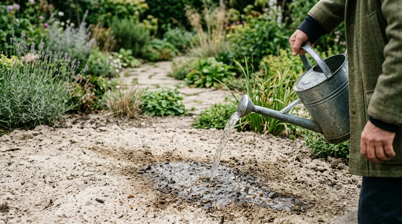 Sandy soil drainage test showing water draining rapidly through light soil