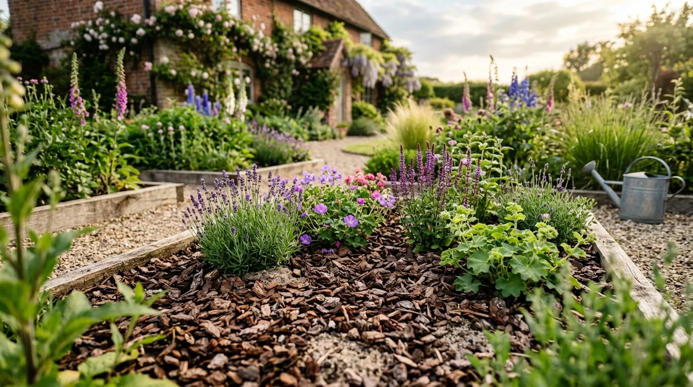 Mulched garden beds on sandy soil retaining moisture in a UK garden
