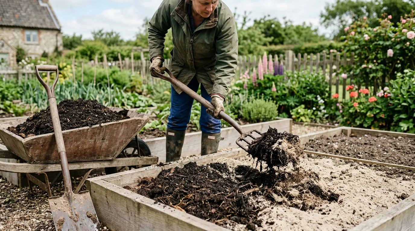 Adding organic matter and compost to improve sandy soil in a UK garden