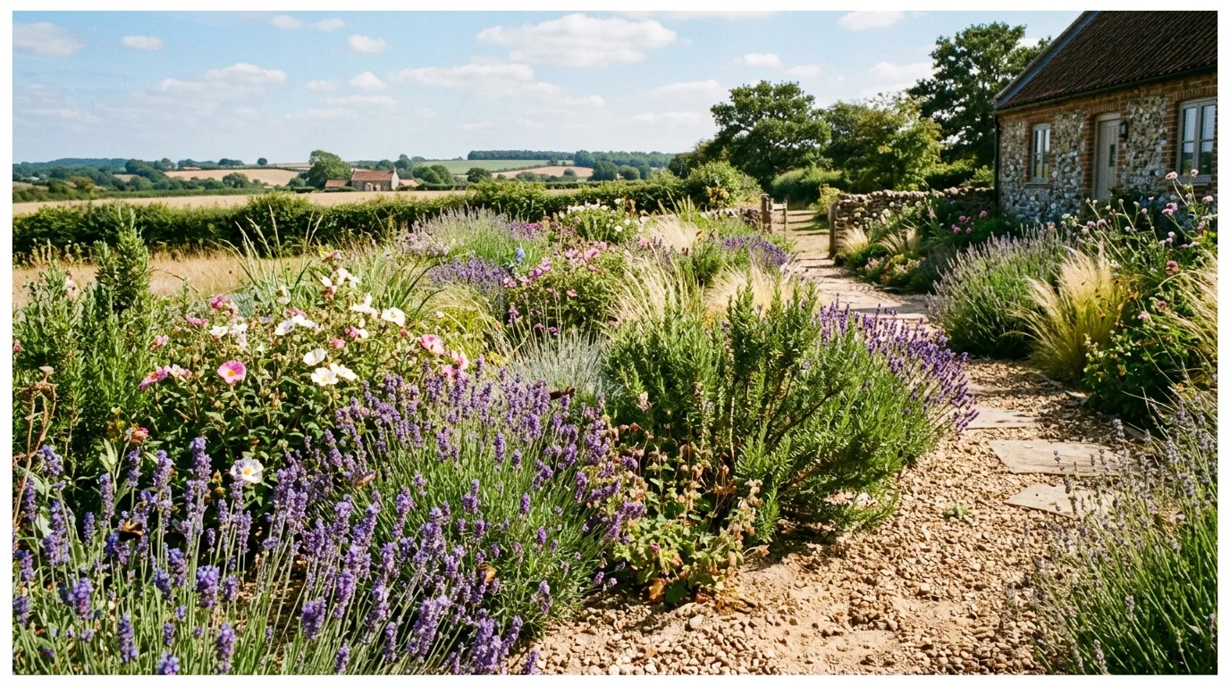 Thriving gravel garden on sandy soil in the UK with lavender and ornamental grasses