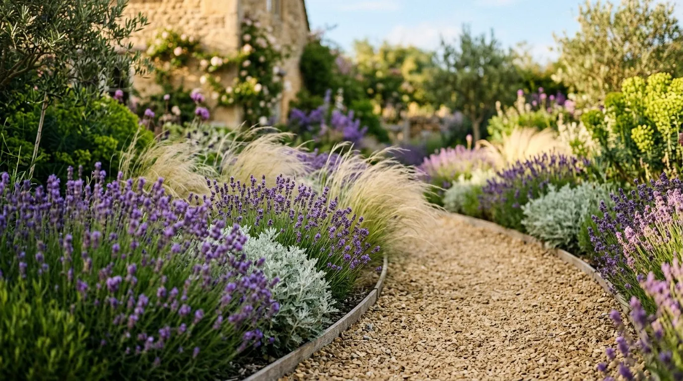 Lavender and cistus growing in sandy gravel soil with silver birch trees behind in a UK heathland garden