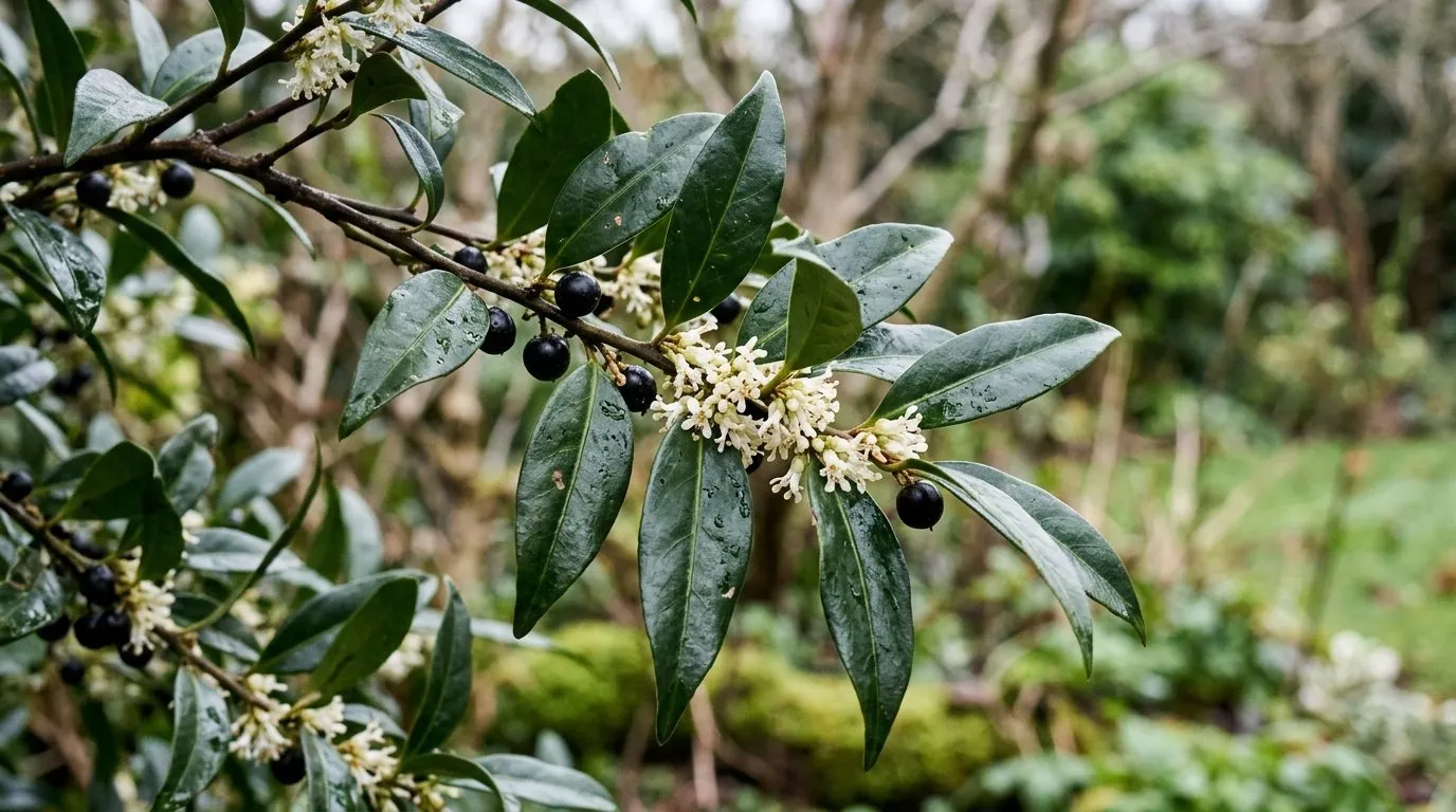 Sarcococca confusa close-up branches showing dark glossy lance-shaped evergreen leaves with tiny white flower clusters