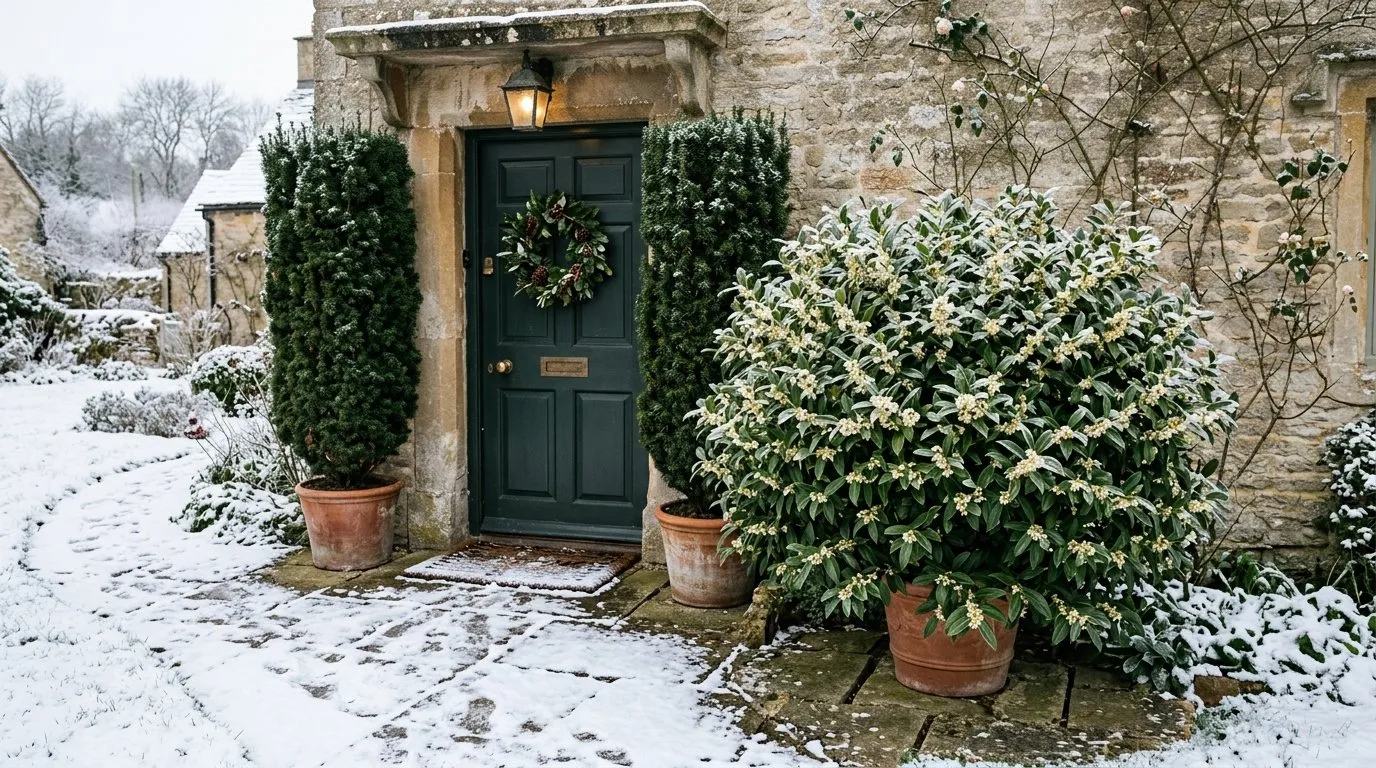 Sarcococca confusa in full bloom planted by a UK doorway in winter with snow on path
