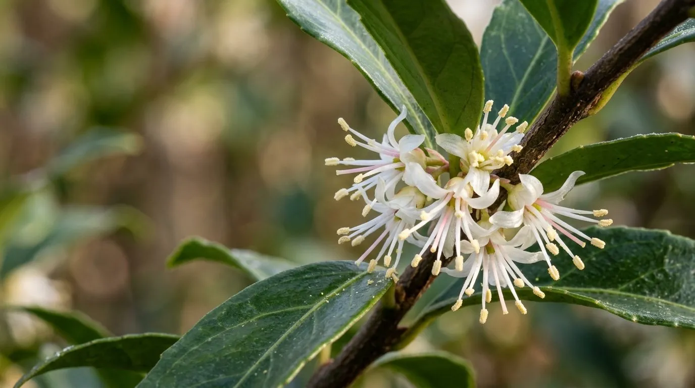 Macro close-up of Sarcococca tiny white spider-like flowers emerging from leaf axils