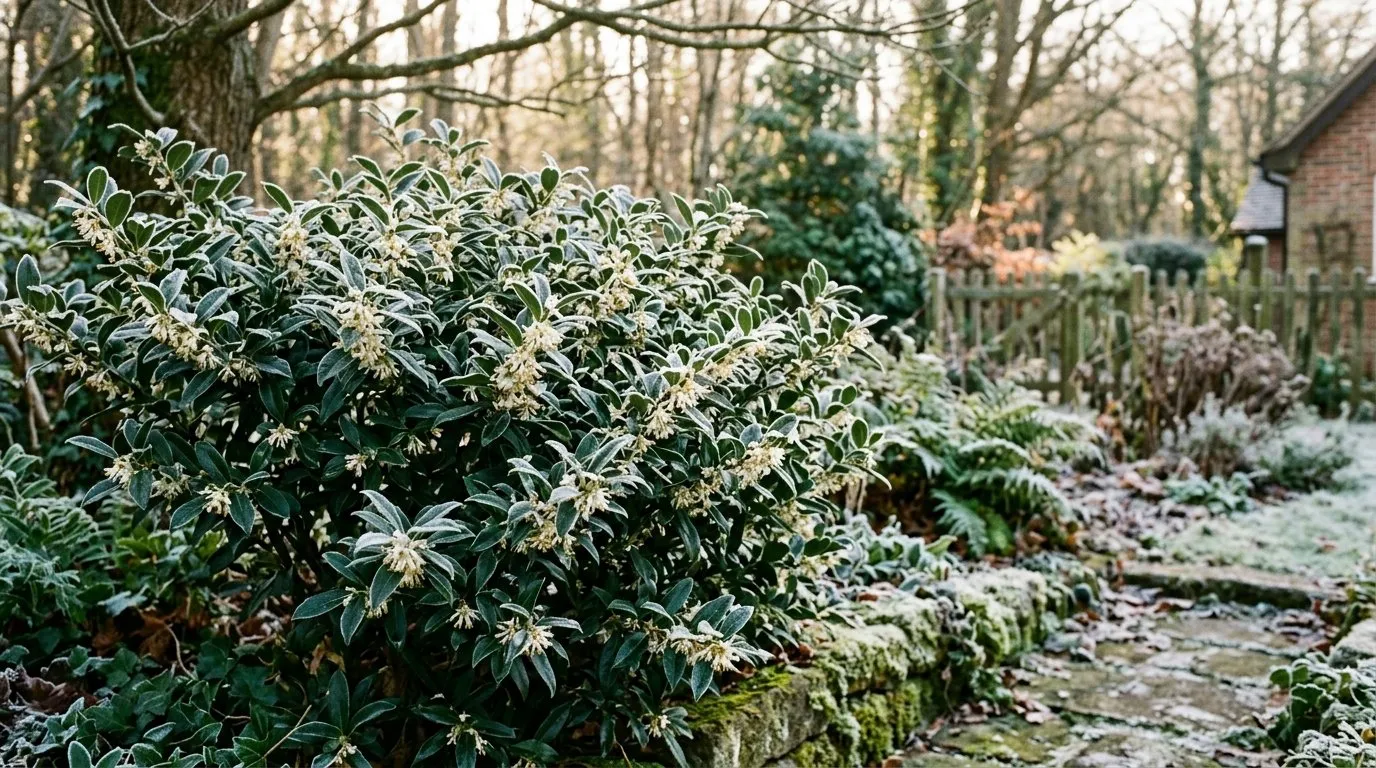 Sarcococca Christmas Box UK winter shrub flowering with frost on dark glossy leaves