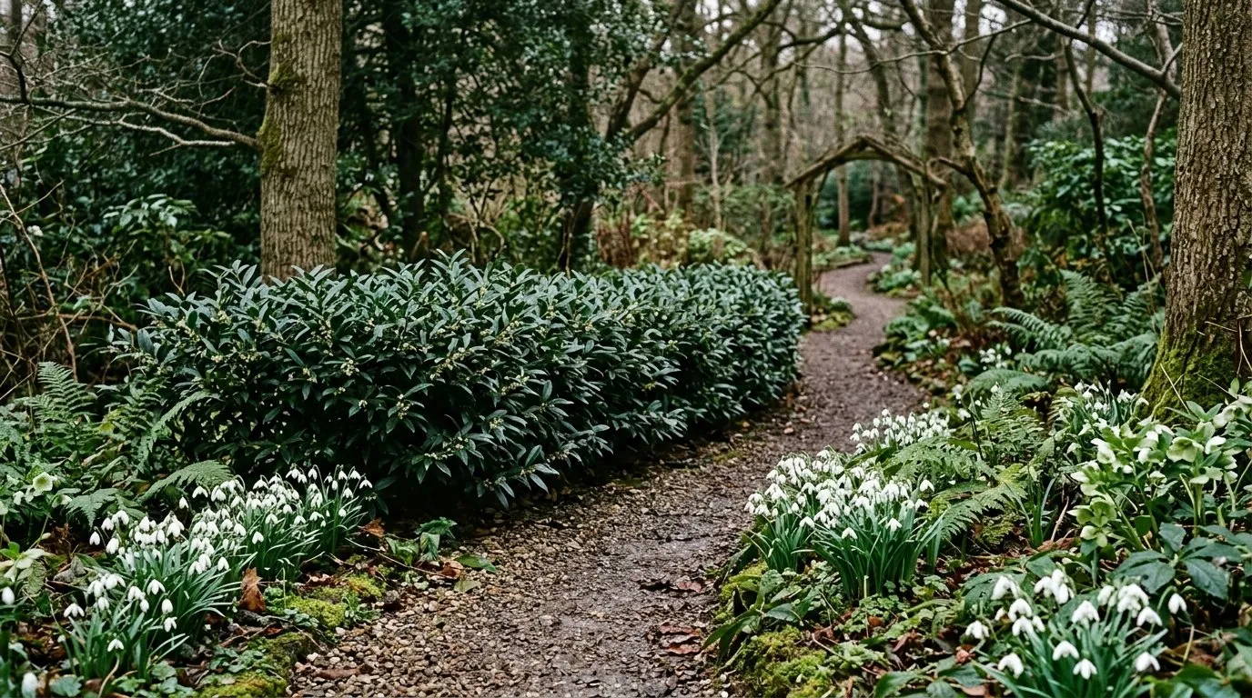 Sarcococca hookeriana var humilis low hedge planted along a shaded UK garden path under tree canopy