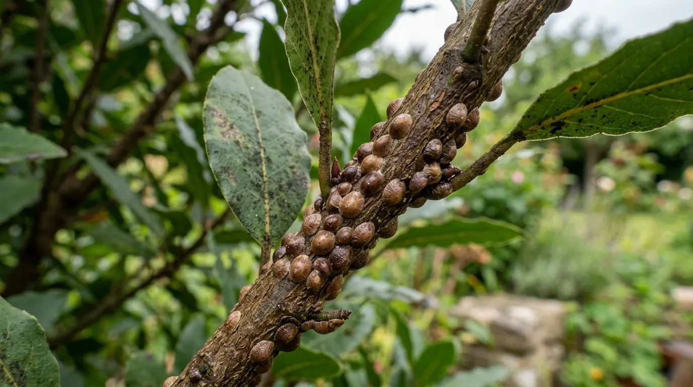 Brown scale insects clustered on a bay tree stem in a UK garden
