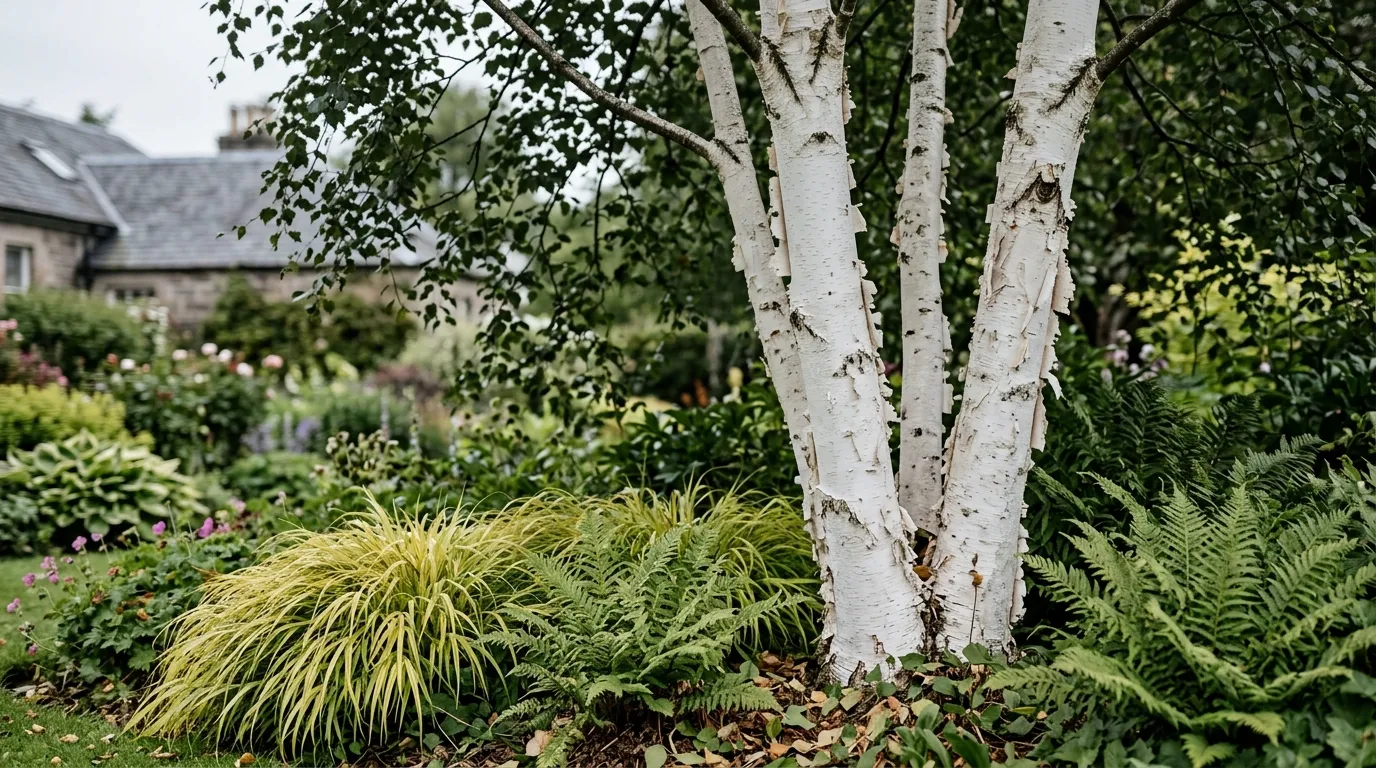 Silver birch multi-stem with Hakonechloa and ferns underneath in a cool UK garden border