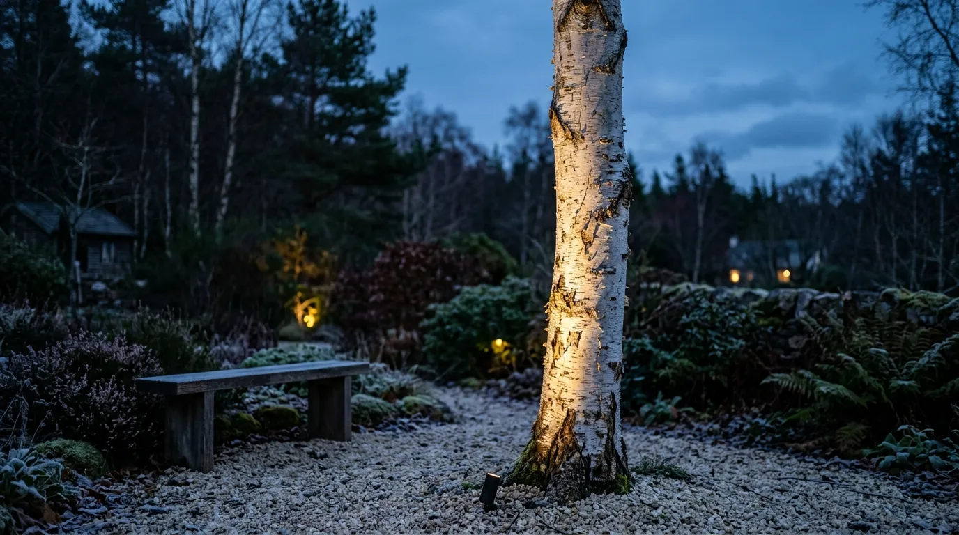 Warm low garden lighting uplighting a silver birch trunk in a Scandinavian style UK garden at dusk