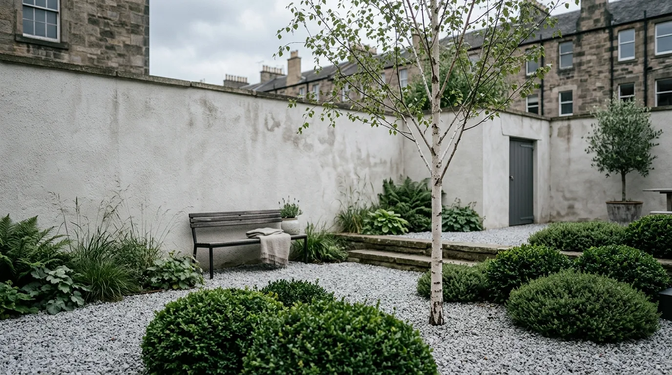 Pale grey gravel courtyard with clipped evergreen mounds and a single birch in a Nordic-minimal UK garden