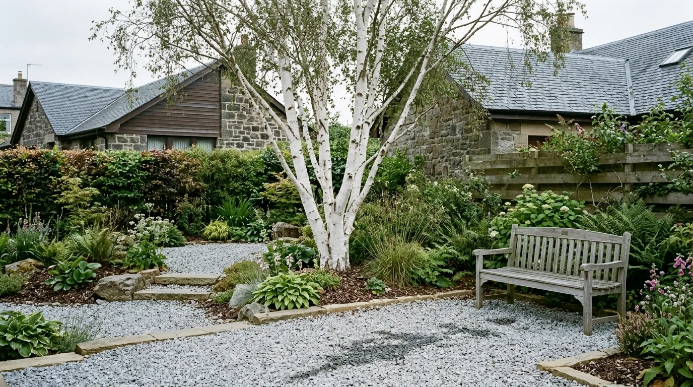 Scandinavian garden design with silver birch, pale gravel and grey timber bench in a UK suburban garden