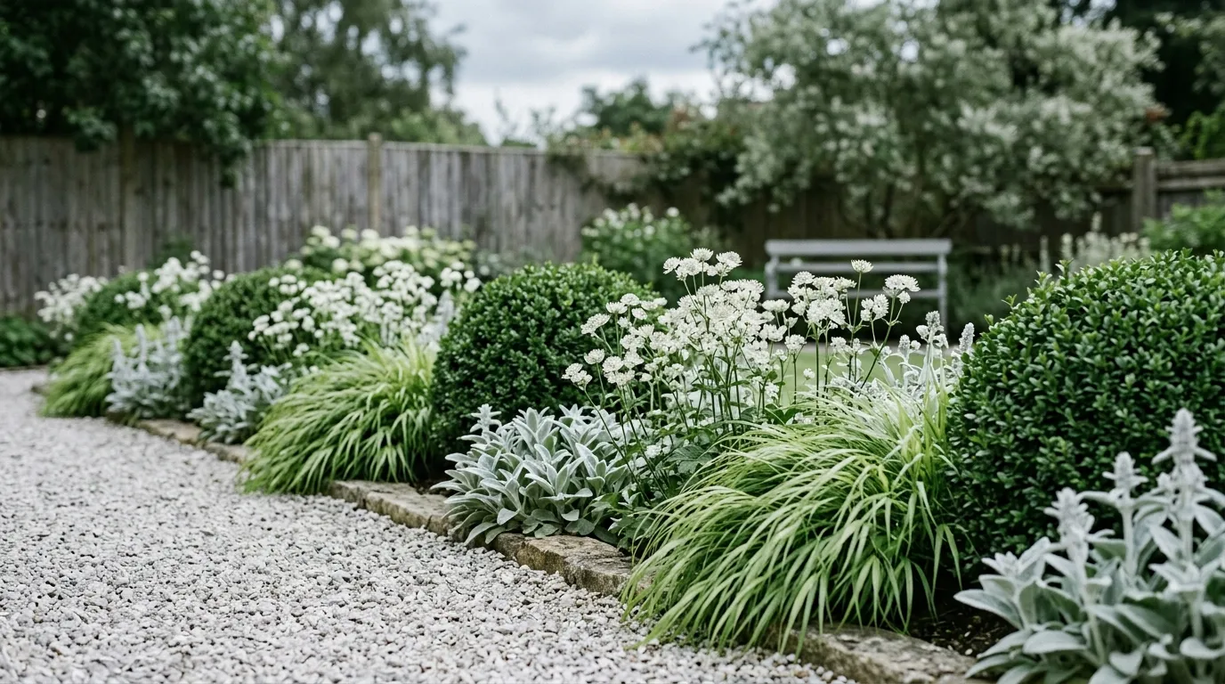 Muted green, white and grey Scandinavian planting border with Astrantia, grasses and clipped Ilex crenata
