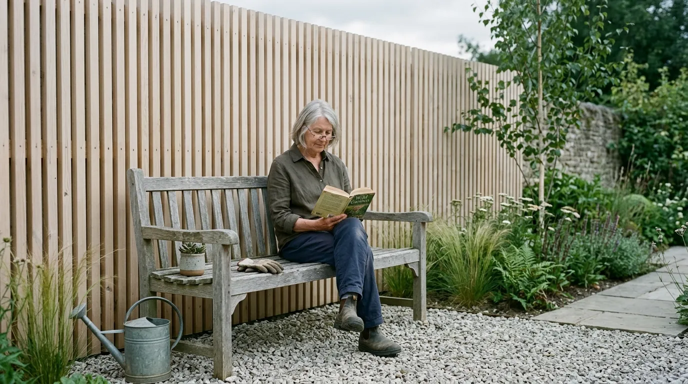 Weathered grey larch bench and pale timber screen in a minimalist Scandinavian style UK garden