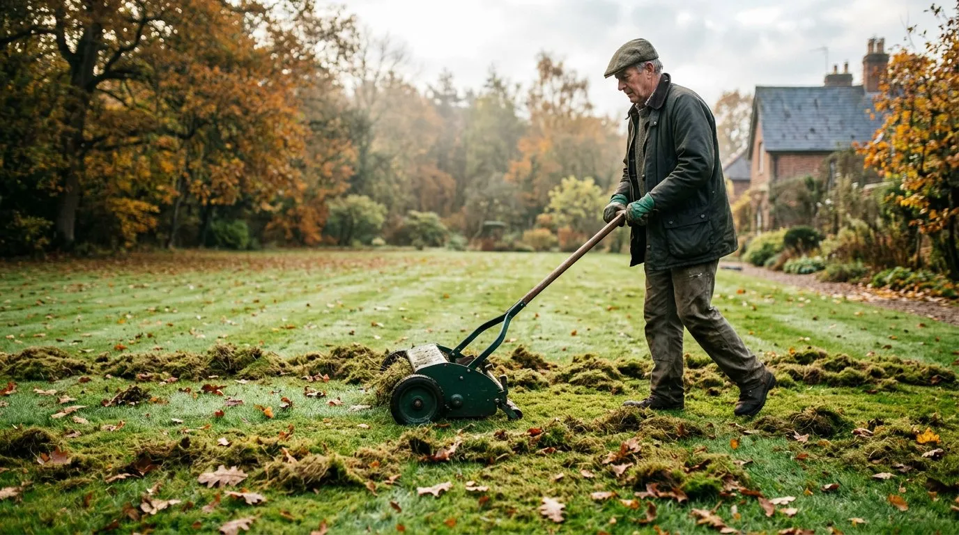 Lawn scarifier being pushed across a lawn with thatch visible