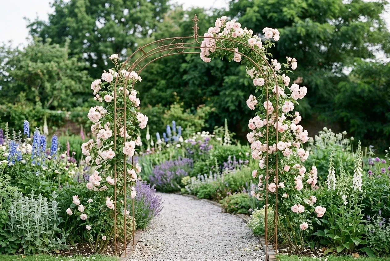 A metal garden arch clothed in a pale scented climbing rose over a gravel path in a cottage garden
