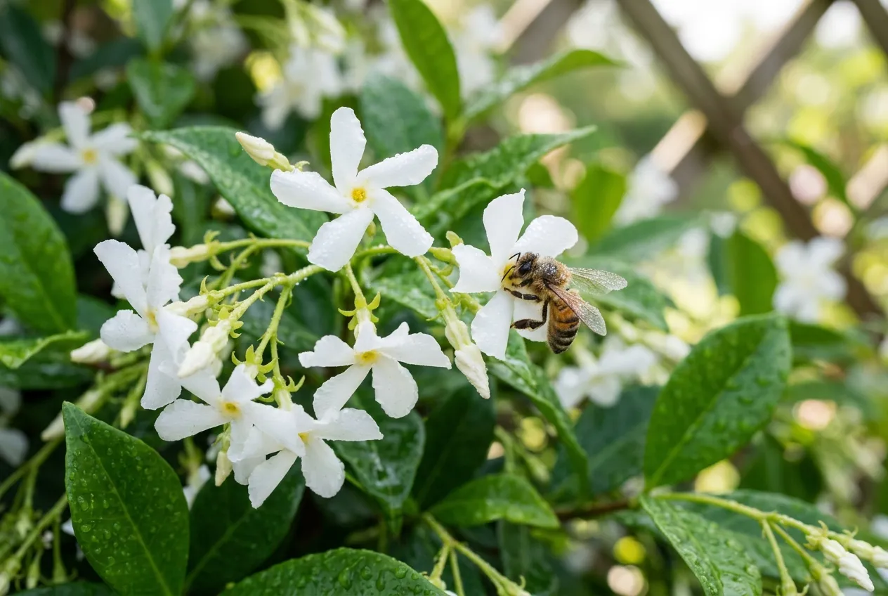 Close-up of white star jasmine pinwheel flowers with a bee visiting on a sunny wall
