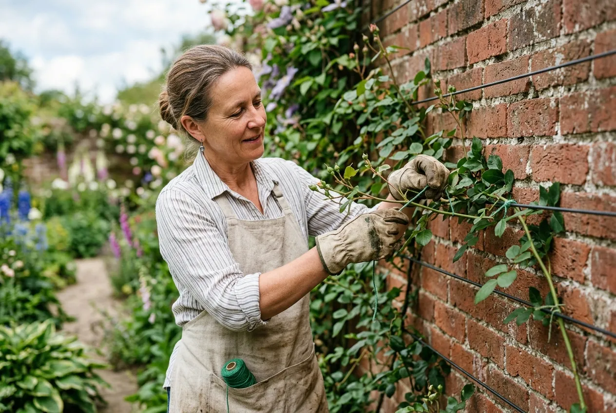 A gardener tying in a young climbing plant to support wires on a garden wall