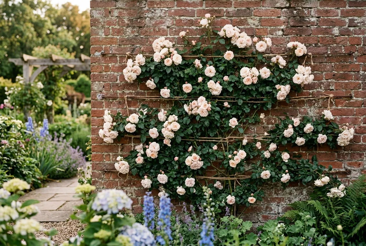 Pale climbing rose Madame Alfred Carriere trained against a brick wall in full flower