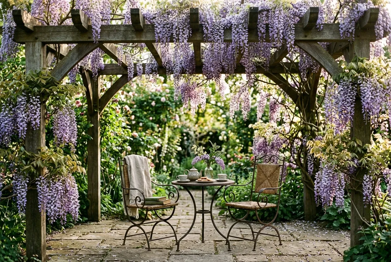 Wisteria draping a timber pergola with hanging lilac racemes over a seating area in dappled light